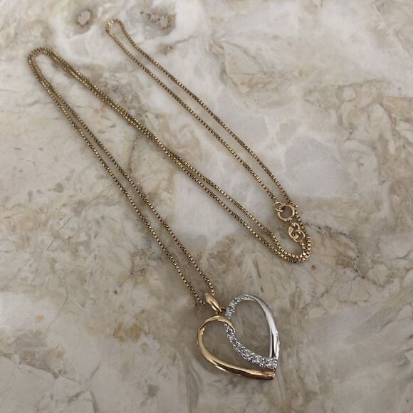 10K Yellow & White Gold Diamond Heart Pendant 24” 10K Yellow Gold Fancy Chain - Picture 3 of 13
